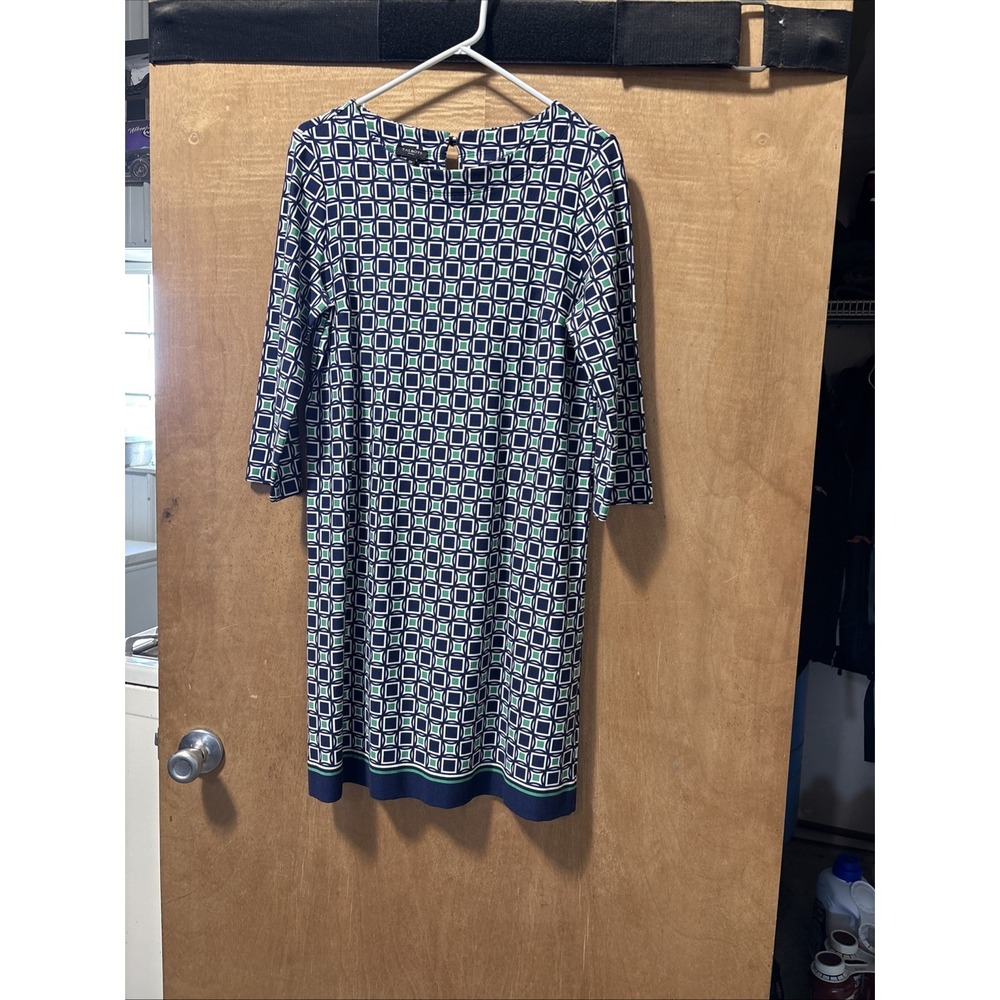 Talbots Shift Dress Round Neck 3/4 Sleeves Geometric Print Blue Green Size 12P